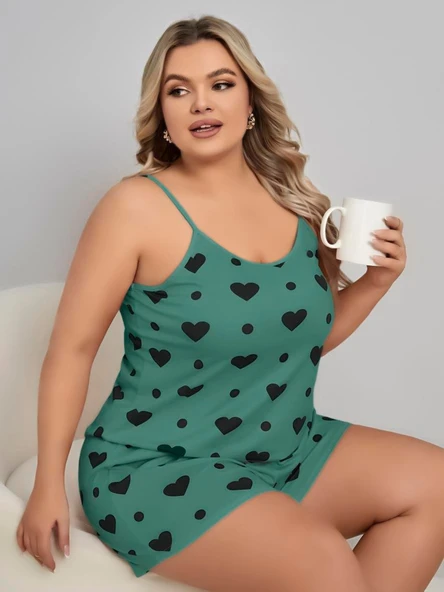 Litae Büyük Beden Yeşil Kalp Desen Pamuklu Şortlu Pijama Takımı - 1