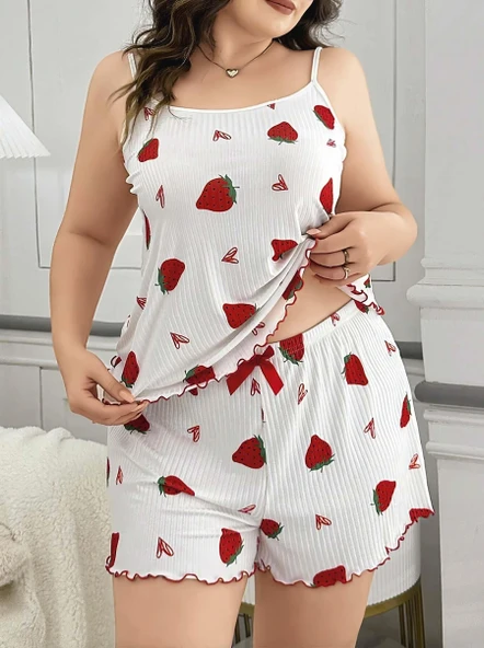 Litae Büyük Beden Çilek Desen Pamuklu Şortlu Pijama Takımı - 3