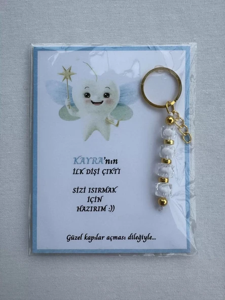 24 Adet Beyaz Renk İsme Özel İlk Dişim Çıktı Diş Partisi Diş Buğdayı Hatırası Hediyelik Anahtarlık - Resim 4