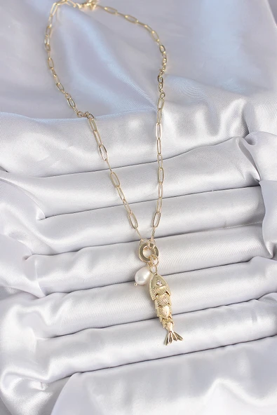 İnci Detaylı Zirkon Taşlı Balık Figürlü Gold Renk Pirinç Kolye - TJ-BKO10214 - Resim 2