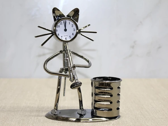 Metal Saksafon Çalan Kedi Müzisyen Saat Ve Kalemlik Alk4346 ürün görseli 1