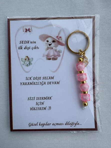 100 Adet Pembe Renk İsme Özel İlk Dişim Çıktı Diş Partisi Diş Buğdayı Hatırası Hediyelik Anahtarlık - 3