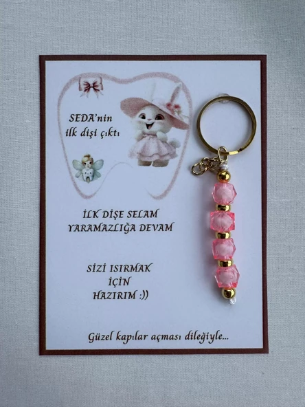 100 Adet Pembe Renk İsme Özel İlk Dişim Çıktı Diş Partisi Diş Buğdayı Hatırası Hediyelik Anahtarlık - 1