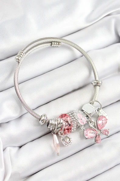 316L Çelik Pembe Zirkon Taşlı Kelebek Model Gümüş Renk Charm Bileklik - TJ-BB7248 ürün görseli