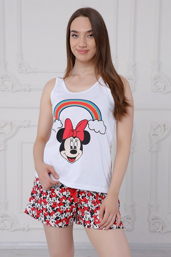 GO ON OUTFIT Kadın Kırmızı Gökkuşağı Mickey Baskılı Kadın Atlet Şort Takımı GOON184