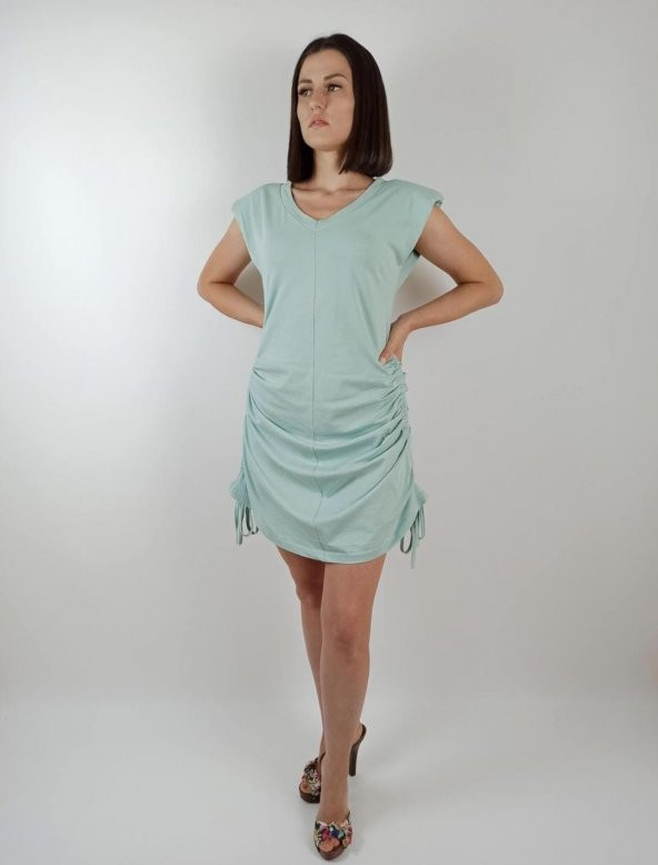 GO ON OUTFIT Kadın Su Yeşili Vatkalı Yandan Ayarlanabilir  Büzgü V-Yaka Elbise GOON119
