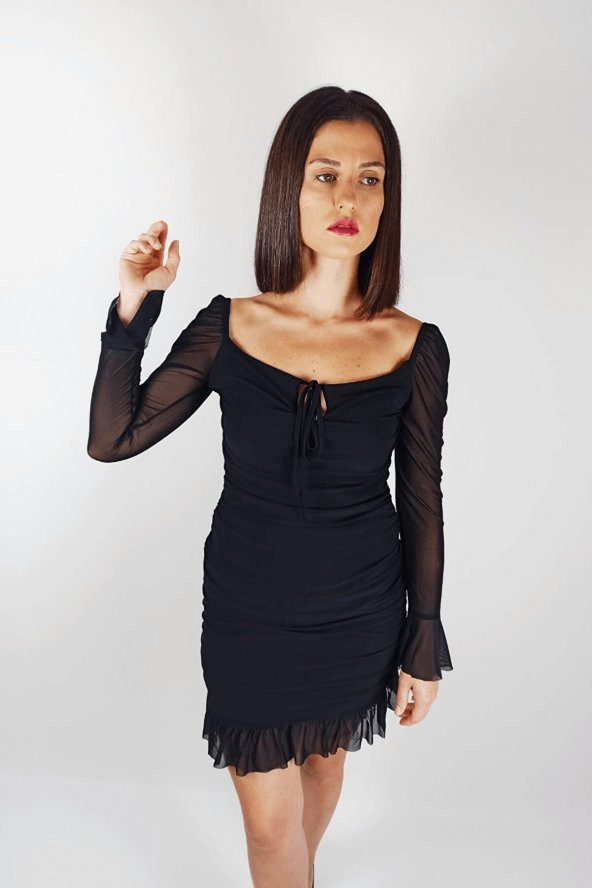 GO ON OUTFIT Kadın Siyah Kolu Tüllü Kayık Yaka Dekolteli Elbise GOON117