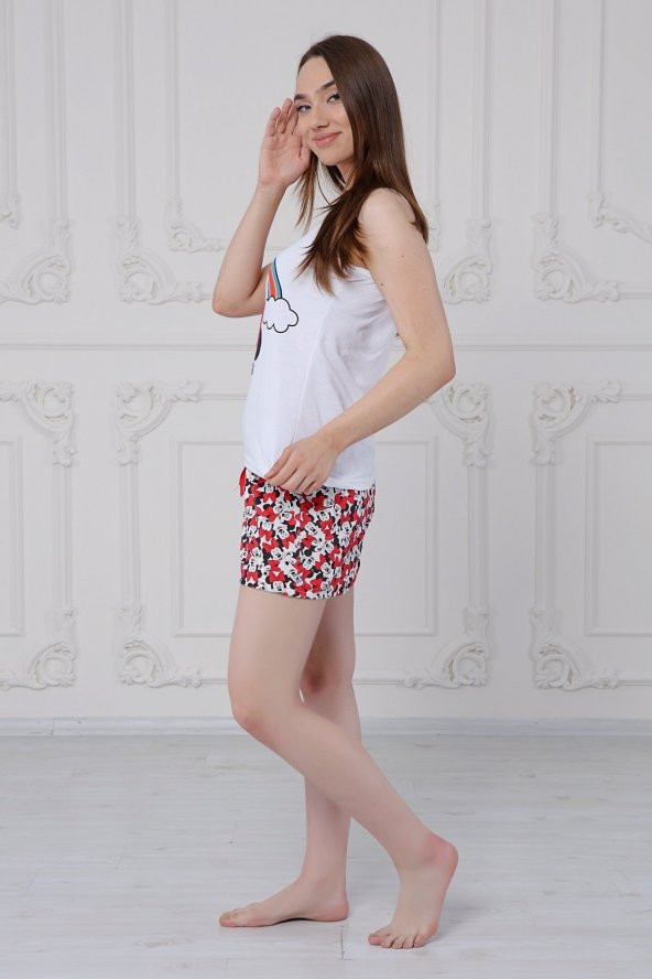 GO ON OUTFIT Kadın Kırmızı Gökkuşağı Mickey Baskılı Kadın Atlet Şort Takımı GOON184 - 5