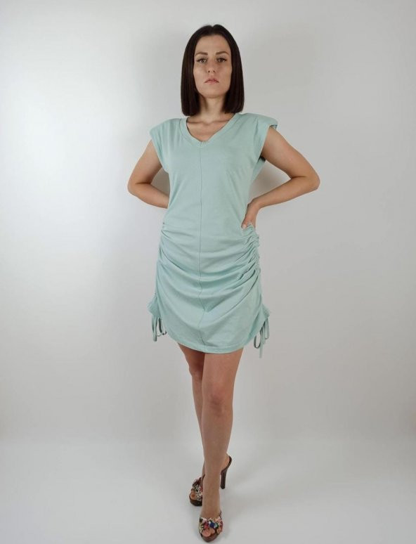 GO ON OUTFIT Kadın Su Yeşili Vatkalı Yandan Ayarlanabilir  Büzgü V-Yaka Elbise GOON119 - 3