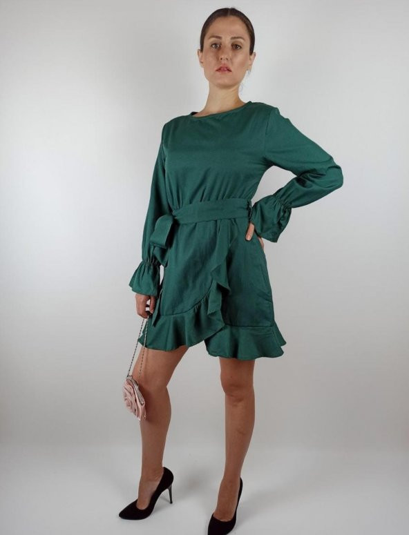 GO ON OUTFIT Kadın Yeşil Yuvarlak Yaka Kol Ucu Lastikli Kuşaklı Elbise GOON132 - 4