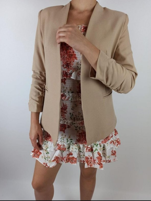 GO ON OUTFIT Kadın Camel Büzgülü Kol Blazer Yaka Flato Cepli  Ceket  GOON106 - 2
