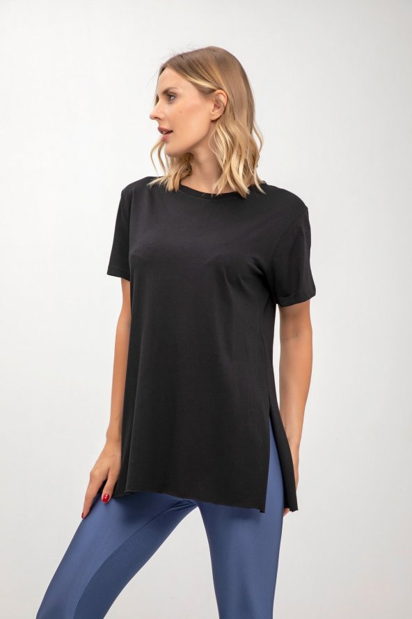 GO ON OUTFIT Kadın Yanı Yırtmaçlı Bisiklet Yaka T-Shirt GOON109 - 3