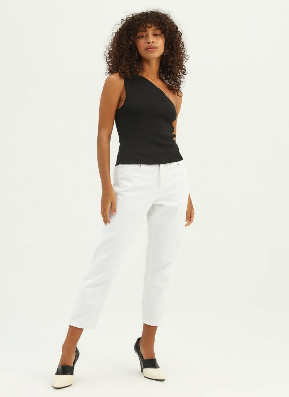 GO ON OUTFIT Kadın Siyah Tek Omuz Kolsuz Triko Bluz GOON107 - 3