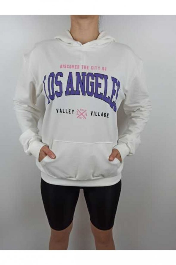 GO ON OUTFIT Kadın Los Angeles Baskılı Kanguru Cepli Kapşonlu Beyaz Sweatshirt GOON97
