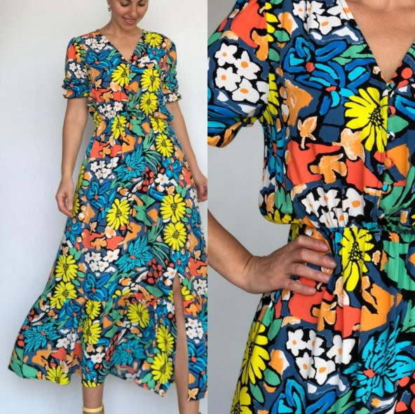 GO ON OUTFIT Kadın Uzun Beli Lastik Büzgülü Yırtmaçlı  Renkli Çiçekli Siyah Elbise GOON171