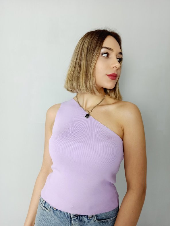 GO ON OUTFIT Kadın Lila  Tek Omuz Kolsuz Triko Bluz GOON74