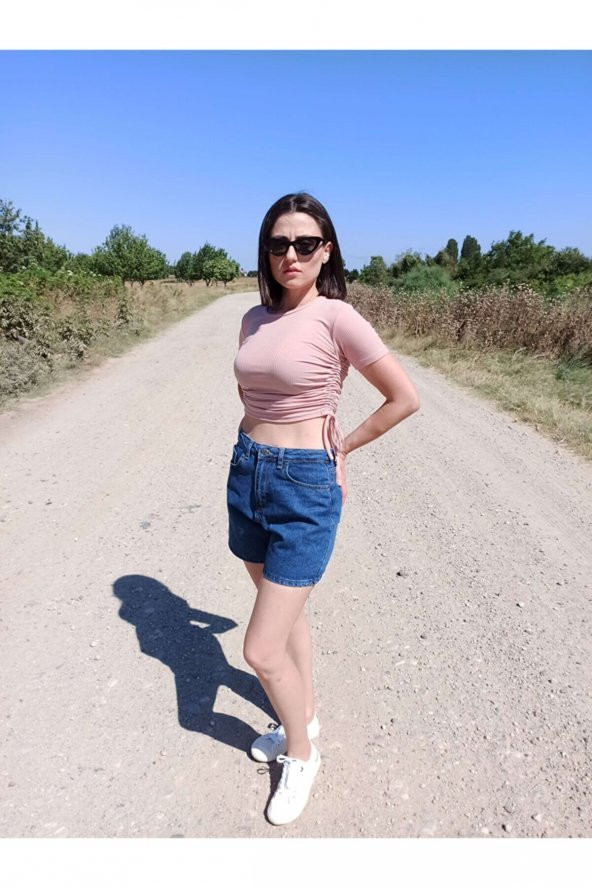 GO ON OUTFIT Kadın Pudra Yanları Büzelebilir Kısa Kollu Fitilli Crop T-Shirt GOON108 - 3