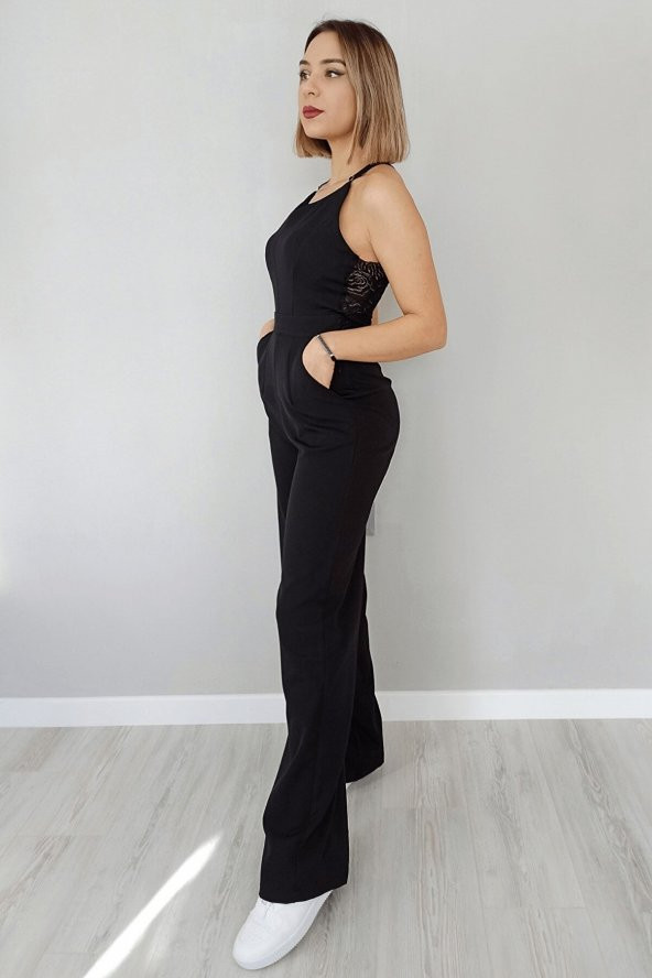 GO ON OUTFIT Kadın Arkası Dantelli Askılı Cepli Siyah Tulum GOON95 - 3