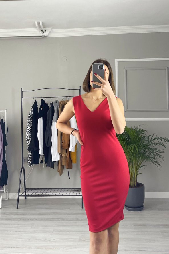GO ON OUTFIT Kadın Kırmızı Sıfır Kol V Yaka  Elbise GOON131