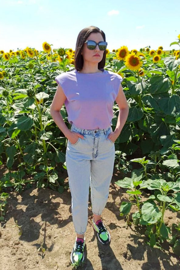 GO ON OUTFIT Kadın Bisiklet Yaka Vatkalı Kolsuz Lila T-Shirt GOON80