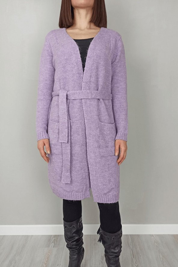 GO ON OUTFIT Kadın Lila Rengi Uzun Kol Bel Kuşak Detaylı Triko Hırka