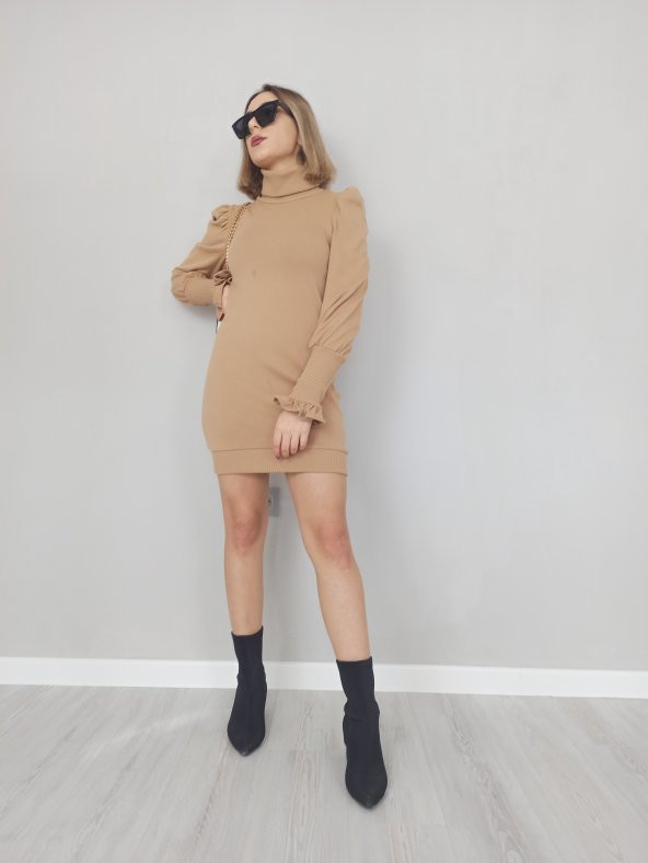 GO ON OUTFIT Kadın Balıkçı Yaka Balon Kol Bej Triko Elbise GOON103