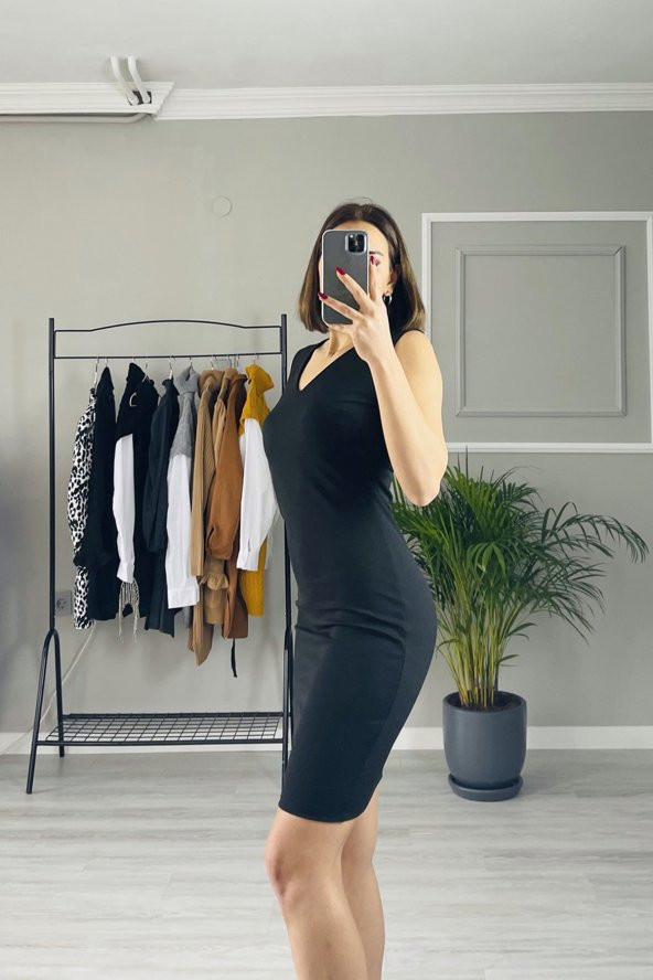 GO ON OUTFIT Kadın Siyah Sıfır Kol V Yaka  Elbise GOON76 - 2
