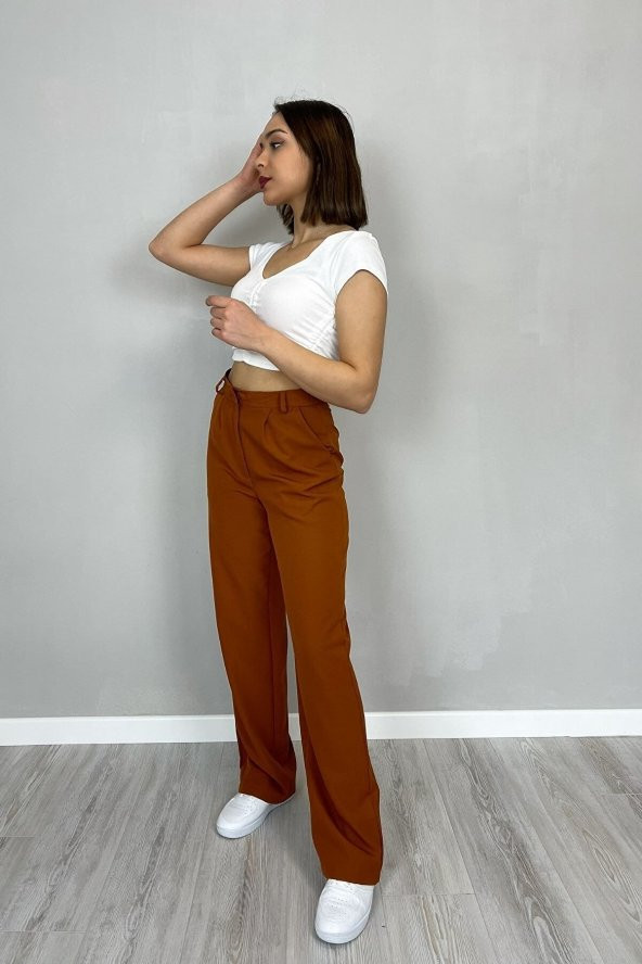 GO ON OUTFIT Kadın GO ON OUTFIT Kadın Yüksek Bel Palazzo Kumaş Kiremit Pantolon GOON121 - 3