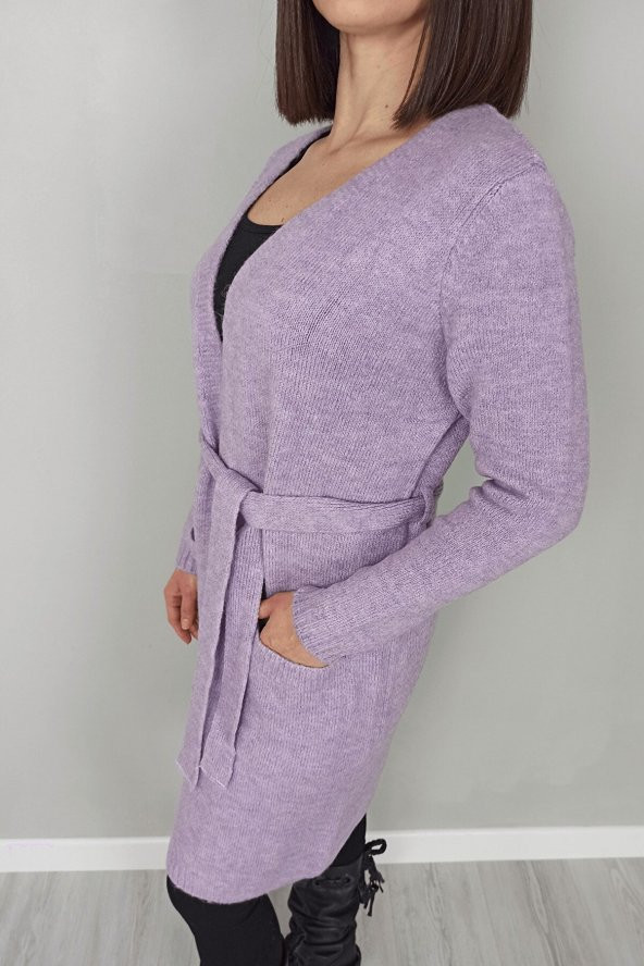 GO ON OUTFIT Kadın Lila Rengi Uzun Kol Bel Kuşak Detaylı Triko Hırka - 2