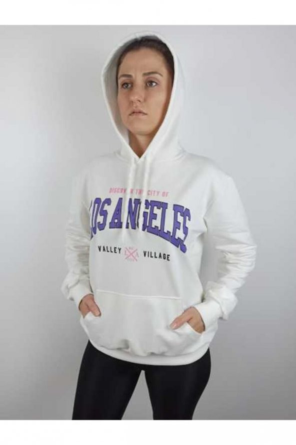 GO ON OUTFIT Kadın Los Angeles Baskılı Kanguru Cepli Kapşonlu Beyaz Sweatshirt GOON97 - 6