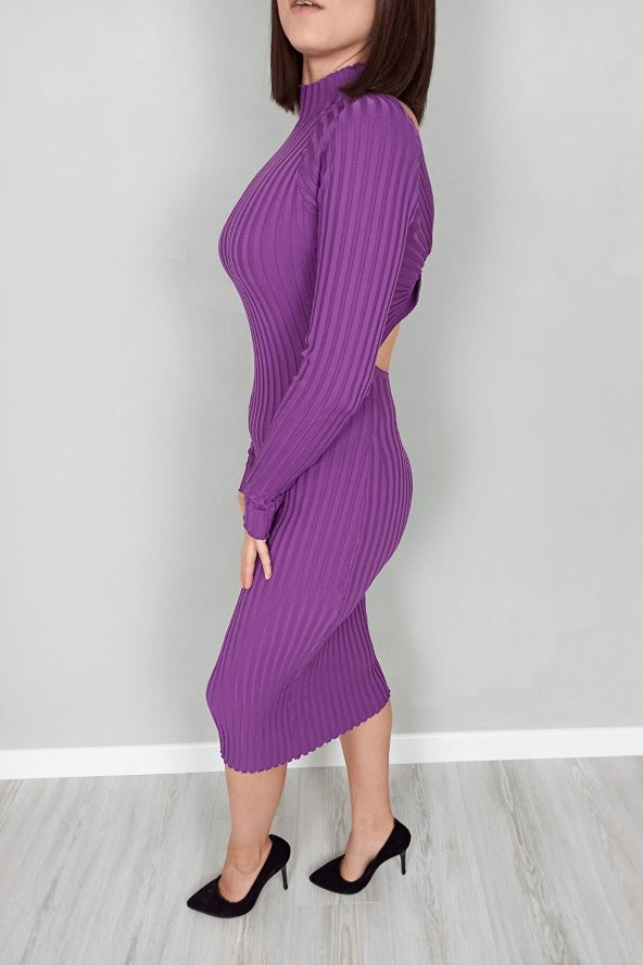 GO ON OUTFIT Kadın Mor Sırt Dekolteli Triko Elbise - 3