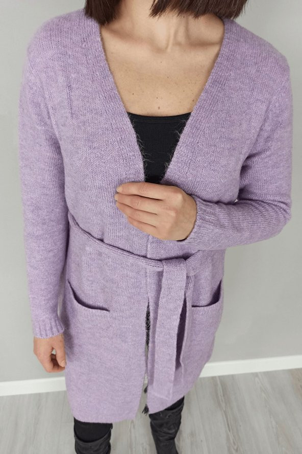 GO ON OUTFIT Kadın Lila Rengi Uzun Kol Bel Kuşak Detaylı Triko Hırka - 3