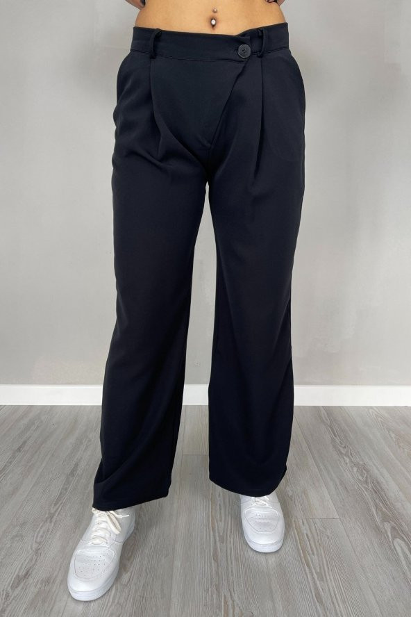GO ON OUTFIT Kadın Siyah Rengi Çapraz Patlı Palazzo Kumaş Pantolon - 3