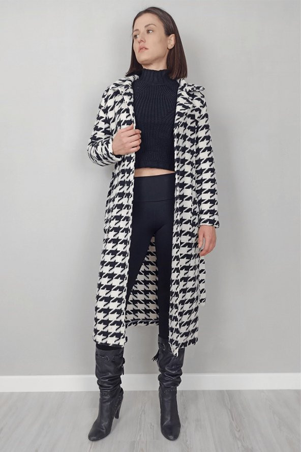 GO ON OUTFIT Kadın Kazayağı Kaşe Siyah-Beyaz Kaban - 3