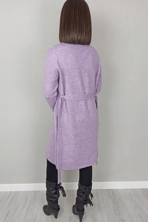 GO ON OUTFIT Kadın Lila Rengi Uzun Kol Bel Kuşak Detaylı Triko Hırka - 4