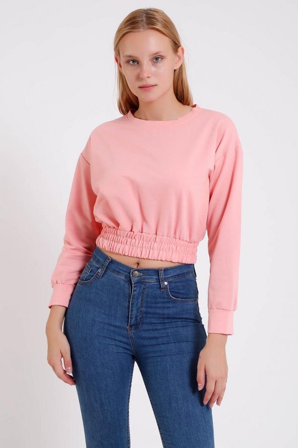 Tozlu Pembe Beli Büzgülü Crop Penye Sweatshirt - Pembe Sweatshirt