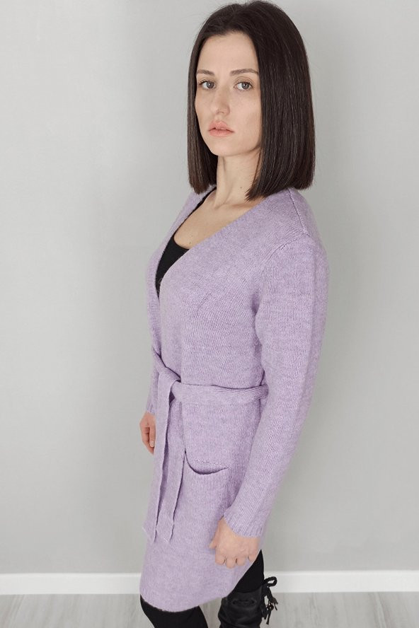 GO ON OUTFIT Kadın Lila Rengi Uzun Kol Bel Kuşak Detaylı Triko Hırka - 5