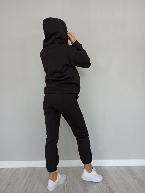 GO ON OUTFIT Kadın Kanguru Cepli Kapşonlu Siyah Sweatshirt - 5