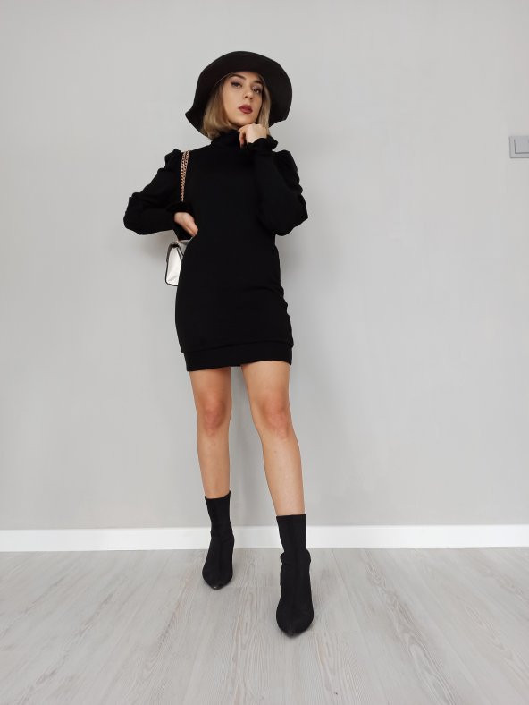 GO ON OUTFIT Kadın Balıkçı Yaka Balon Kol Triko Elbise GOON99 - 4