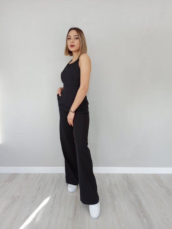 GO ON OUTFIT Kadın Arkası Dantelli Askılı Cepli Siyah Tulum GOON95 - 6