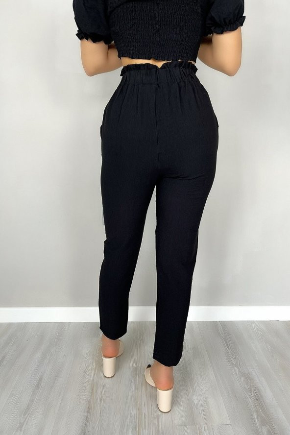 GO ON OUTFIT Kadın  Arka Gipeli Kayık Yaka Crop Üst Ve Beli Büzgülü Pantolon Siyah Takım GOON77 - 5