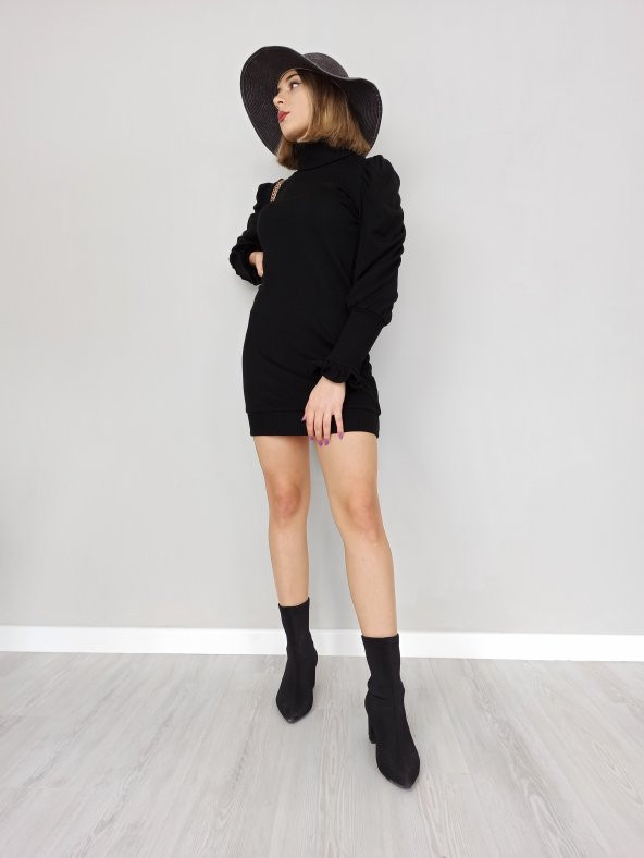 GO ON OUTFIT Kadın Balıkçı Yaka Balon Kol Triko Elbise GOON99 - 5
