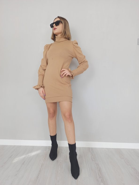 GO ON OUTFIT Kadın Balıkçı Yaka Balon Kol Bej Triko Elbise GOON103 - 4