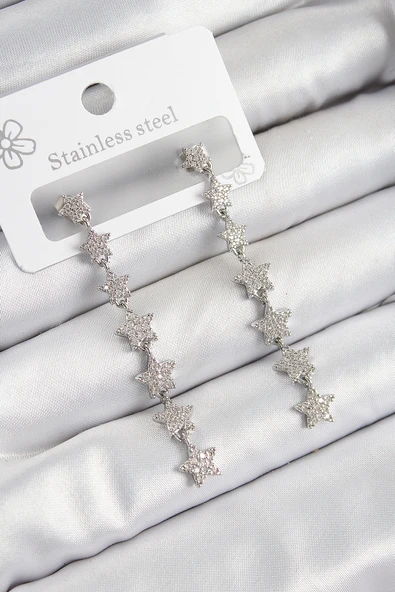 Pirinç Zirkon Taşlı Sallantılı Yıldız Model Gümüş Renk Kadın Küpe - TJ-BKP10911 ürün görseli