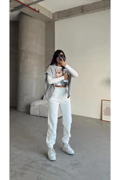 BİÇOMİ 3 iplik şardonlu paça lastikli eşofman beyaz is001 - Resim 7