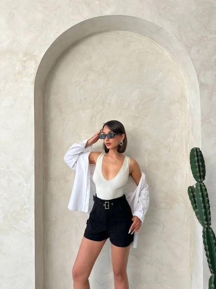 Kemer detaylı gabardin şort siyah s25289 - Resim 2