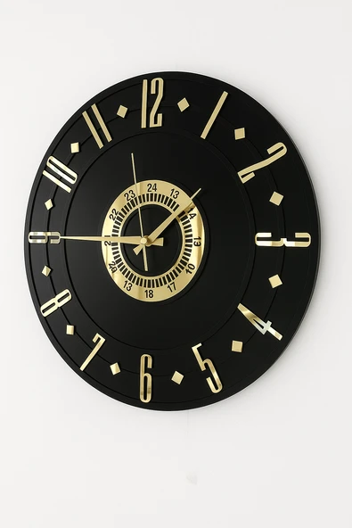 Dekoratif Ahşap Siyah Gold Duvar Saati 40 cm – Modern Ev Hediyelik Saat - 1