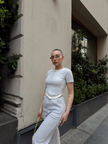 Düğme yakalı gri alt üst takım s3943 - Resim 4