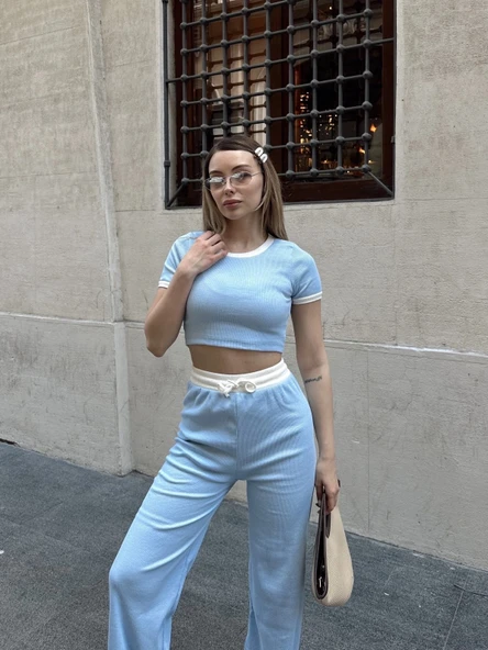 Crop pantolon biyeli takım mavi - Resim 7