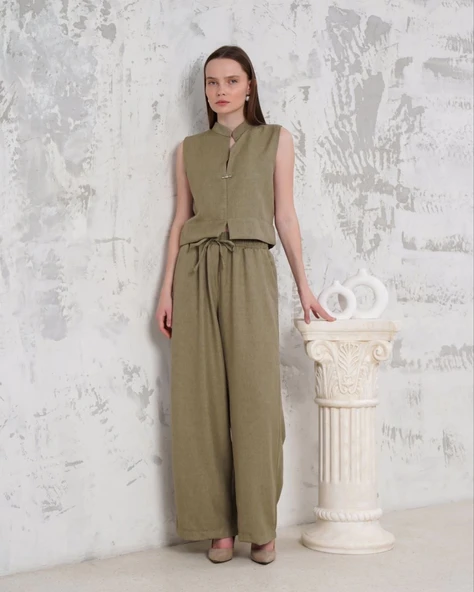 Broşlu yelek pantolon takım haki s255821 ürün görseli